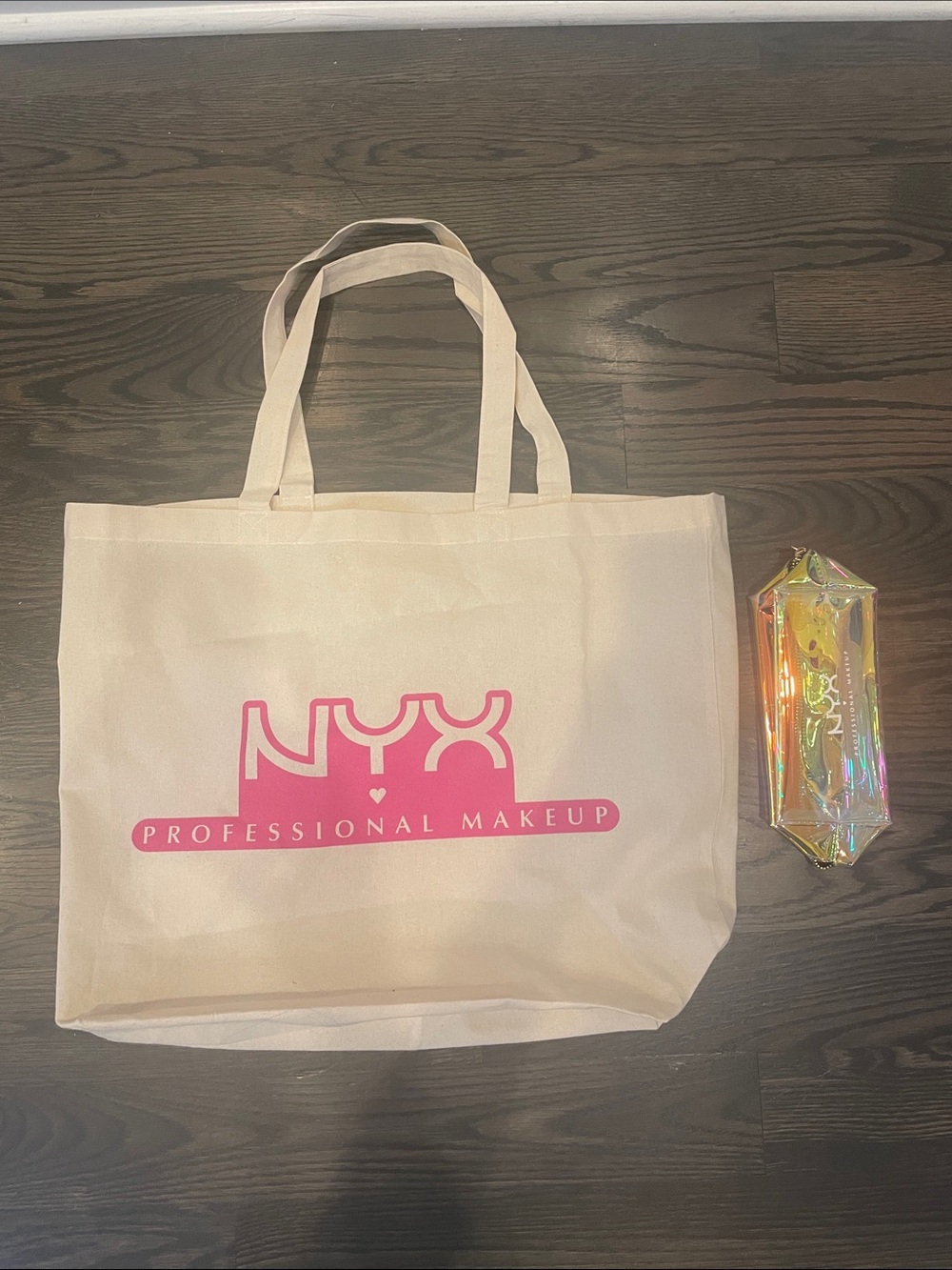 NYX Cream Canvas Tote with Pink Logo and matching makeup bag 18 x 15
